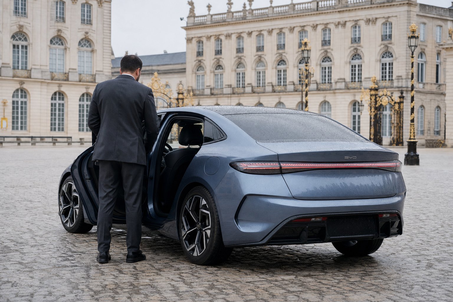 Chauffeur privé à Nancy en costume sombre ouvrant la portière arrière d'une berline électrique BYD Seal place Stanislas