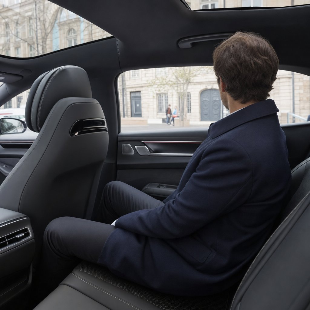 Passager d'affaires à l'arrière d'une berline avec chauffeur privé à Nancy, intérieur cuir noir