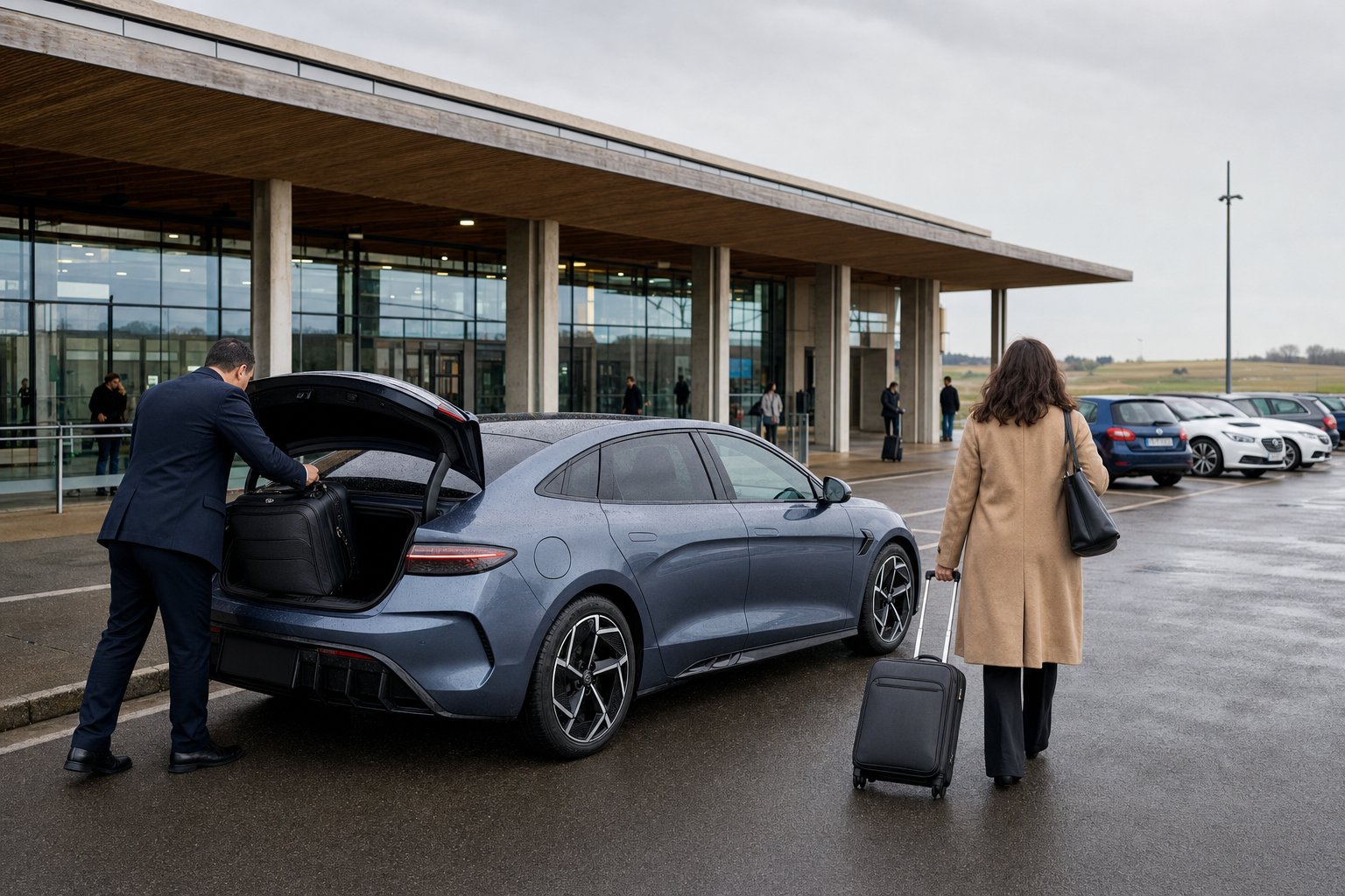 Location de voiture à la Gare Lorraine TGV ou chauffeur privé : berline BYD Seal Dreams Prestige VTC devant la gare de Louvigny