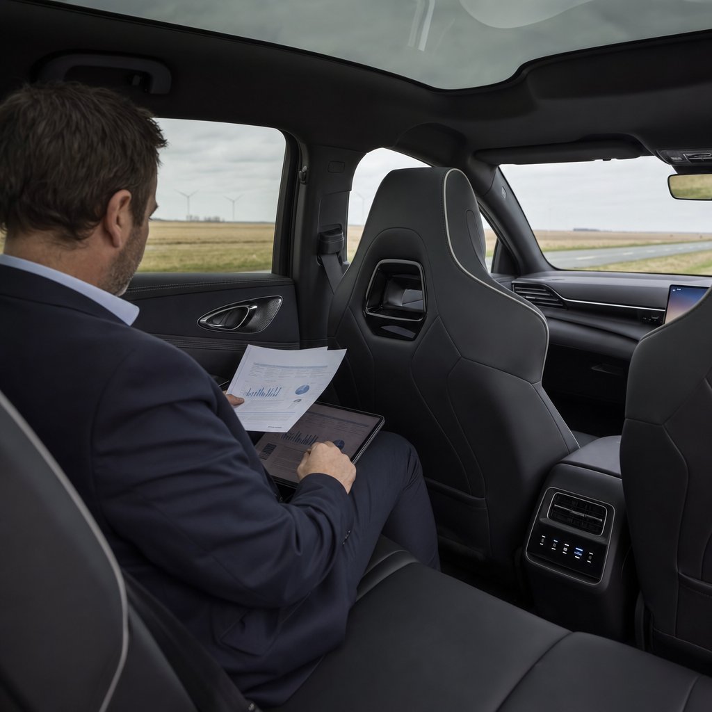Passager d'affaires travaillant à l'arrière d'une berline avec chauffeur entre la Gare Lorraine TGV et Nancy, alternative à la location de voiture