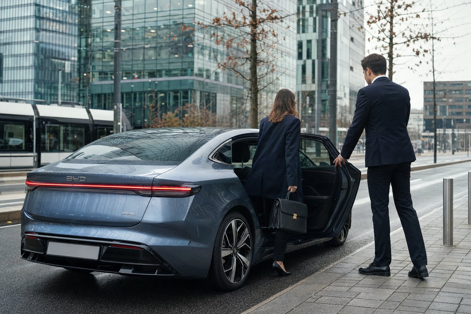 Chauffeur privé Nancy Luxembourg : berline électrique et chauffeur en costume devant les tours de bureaux du Kirchberg