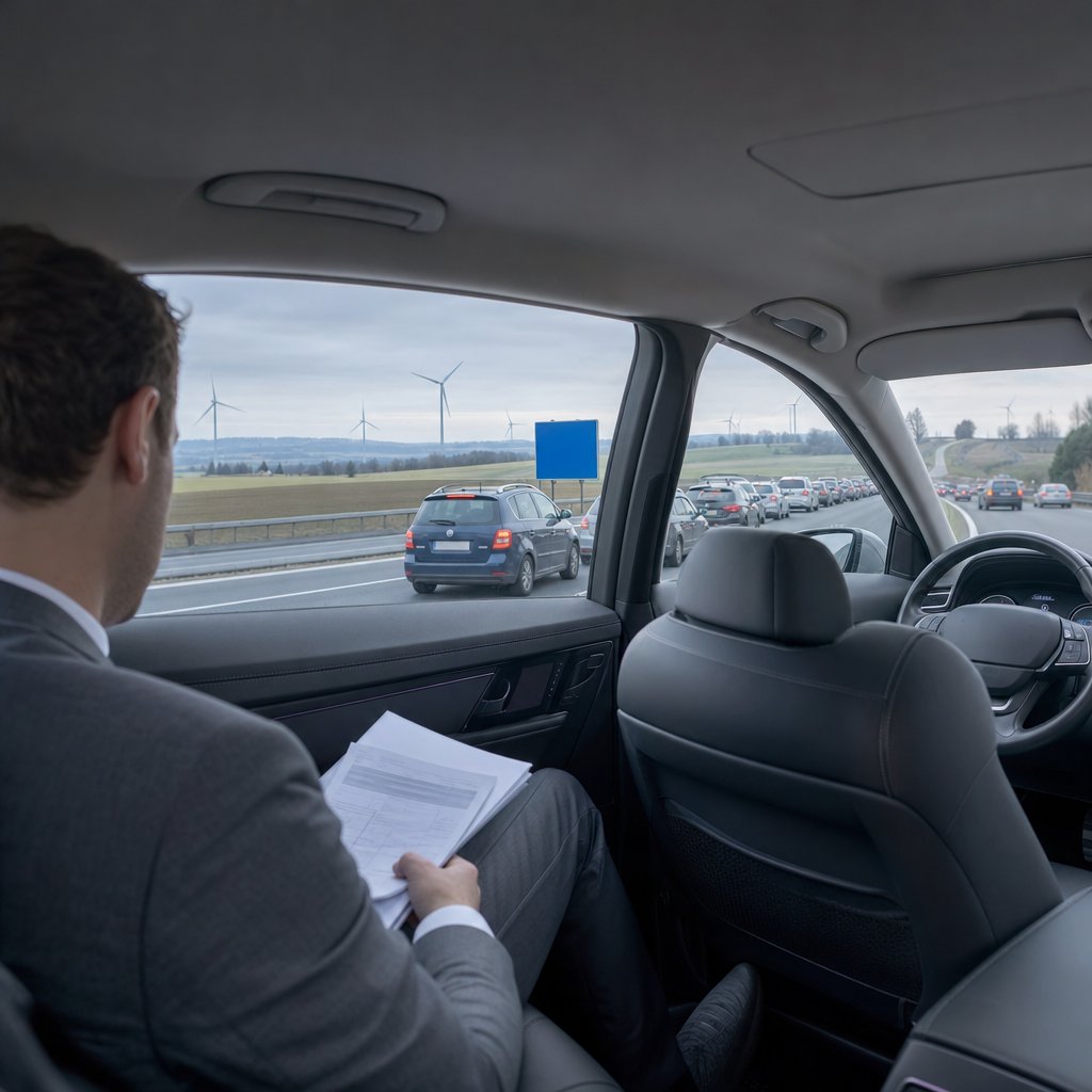 Trajet Nancy Luxembourg : passager d'affaires travaillant à l'arrière d'une berline sur l'A31 saturée vers la frontière