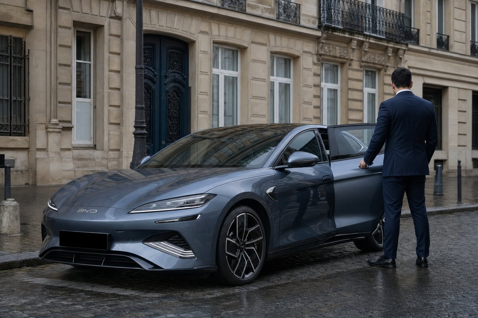 Chauffeur privé Nancy Paris : berline électrique et chauffeur en costume devant un immeuble haussmannien parisien