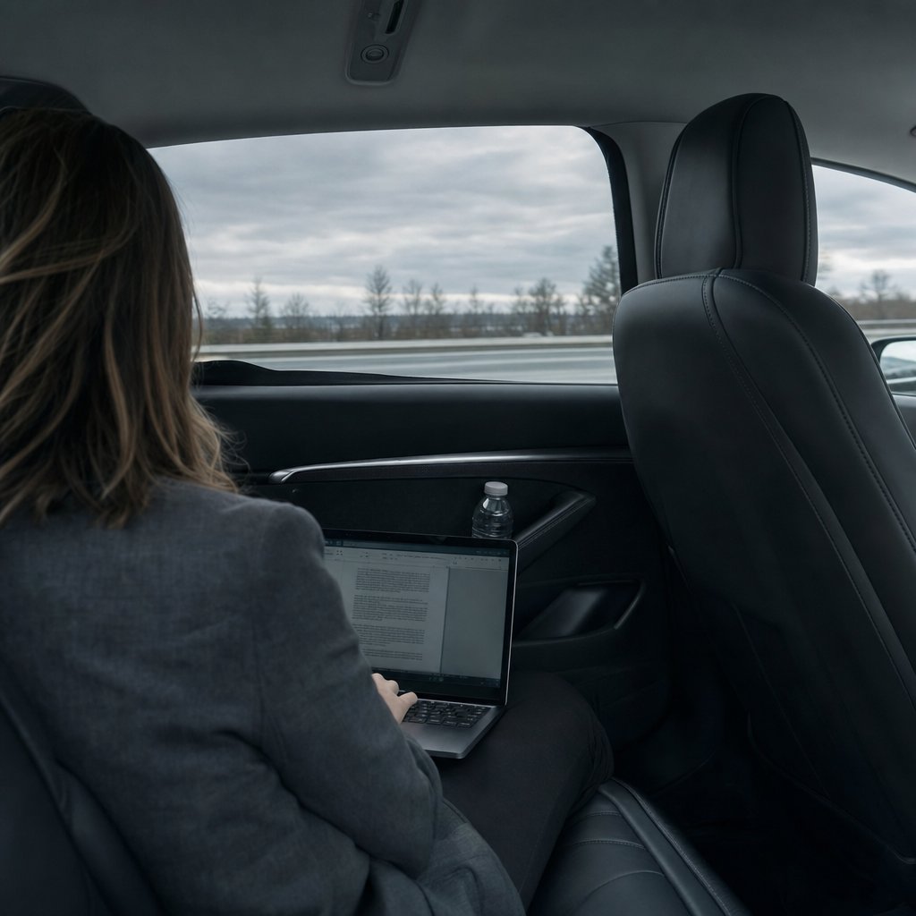 Passagère travaillant à l'arrière d'une berline avec chauffeur privé sur l'autoroute entre Nancy et Paris