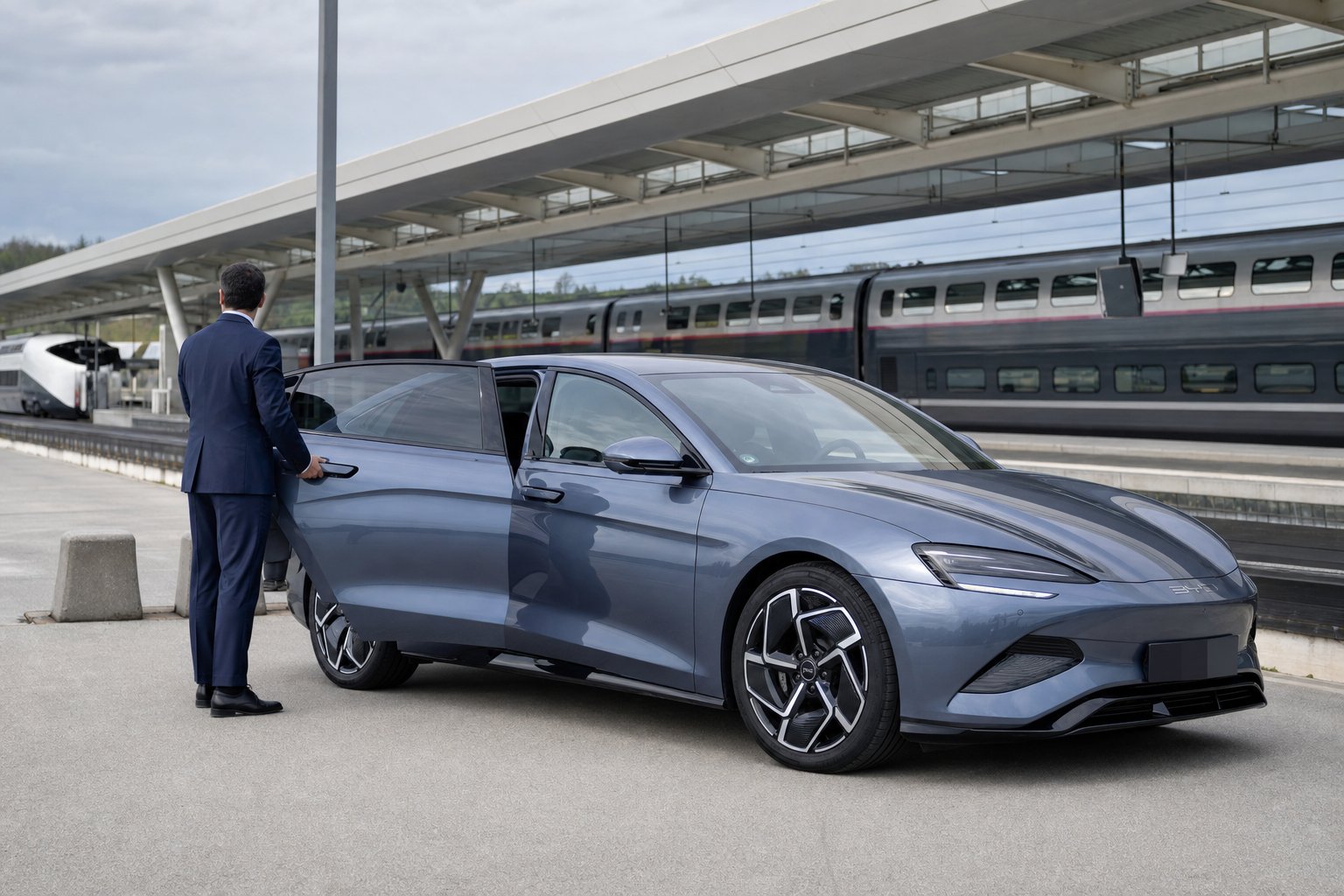 Berline électrique BYD Seal Dreams Prestige VTC devant la Gare Lorraine TGV — navette depuis Nancy
