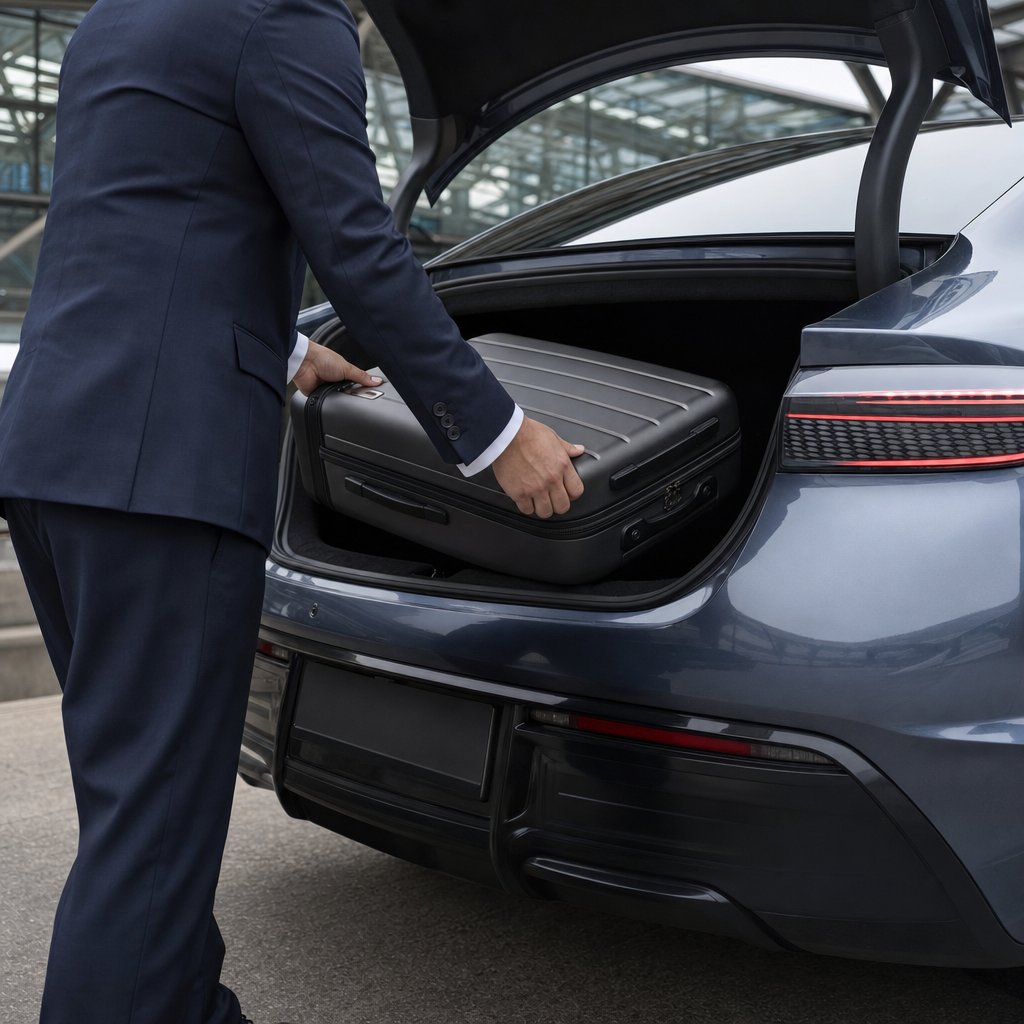 Chauffeur Dreams Prestige chargeant une valise dans le coffre de la BYD Seal à la Gare Lorraine TGV