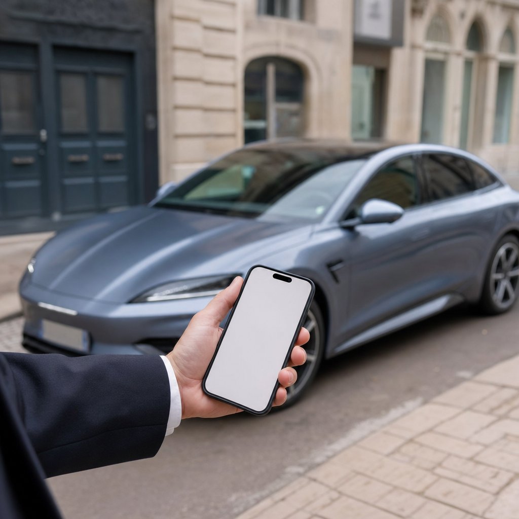 Chauffeur privé Dreams Prestige VTC consultant un devis tarifaire sur tablette près de la berline BYD Seal à Nancy