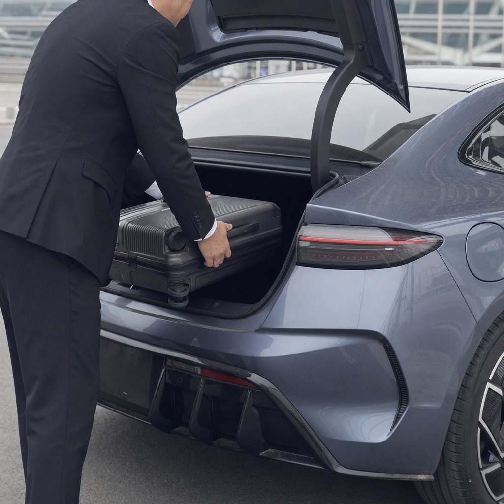 Chauffeur privé chargeant des bagages dans le coffre d'une berline électrique VTC près de l'aéroport Metz-Nancy-Lorraine