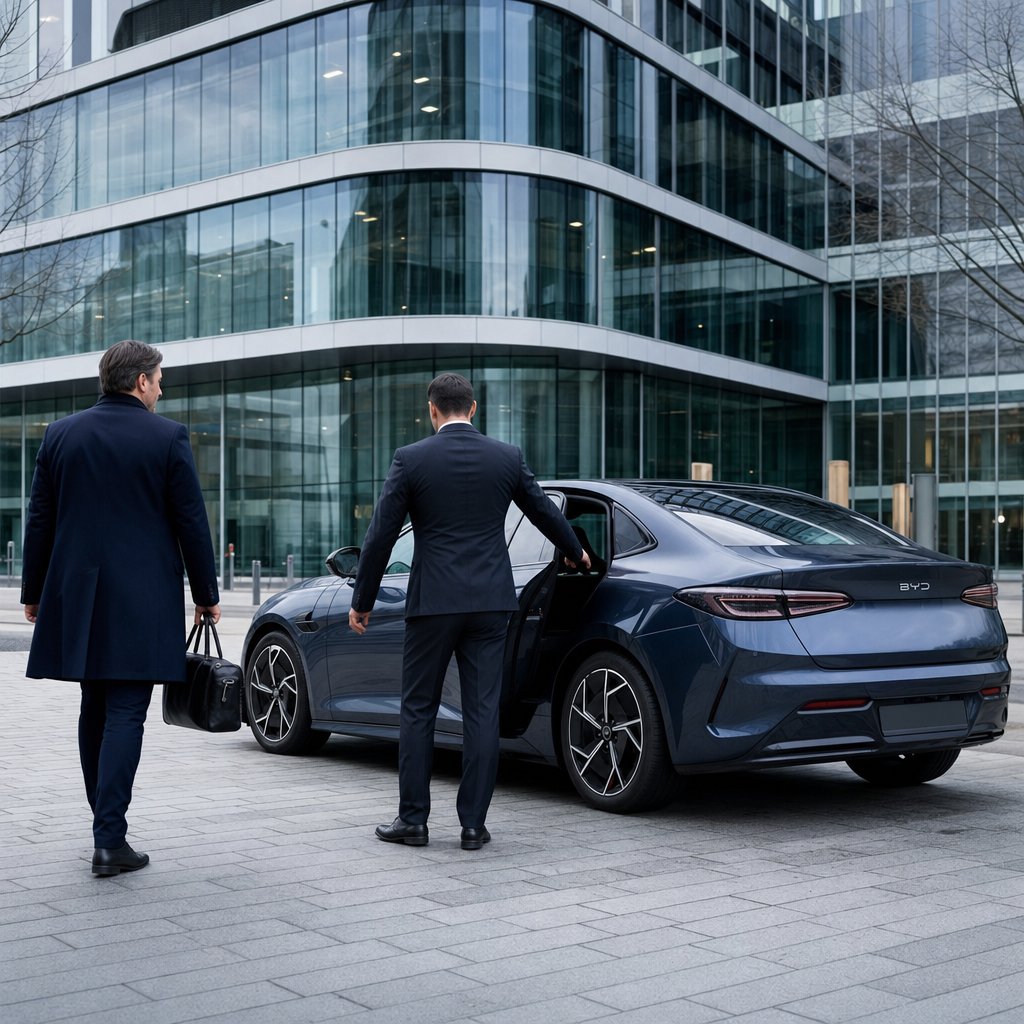 Chauffeur privé Dreams Prestige VTC ouvrant la portière pour un client d'affaires en route vers le Luxembourg
