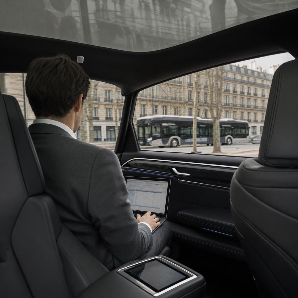 Passager d'affaires travaillant sur son ordinateur à l'arrière d'une berline VTC sur un boulevard de Nancy — chauffeur VTC Grand Nancy